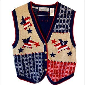 Jantzen Classic Knit Vest Vintage Patriotic USA Flags Button Front Embroidery